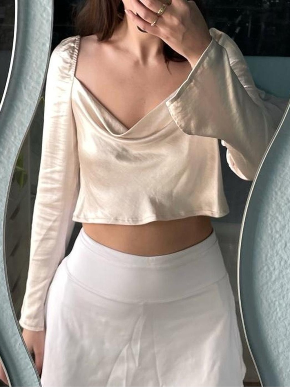 Princess Polly Cream Satin Cowl-Neck Long Sleeve Crop Top